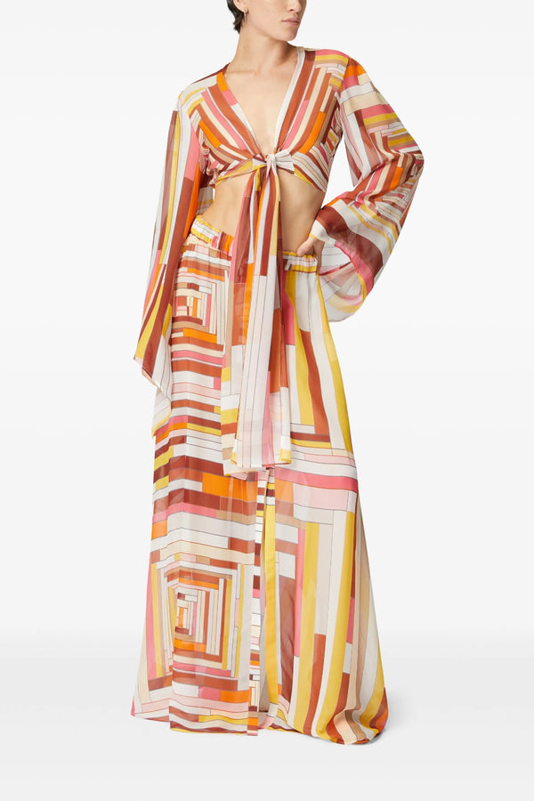 Long Covered Up Skirt in Printed Silk with Front Closure
