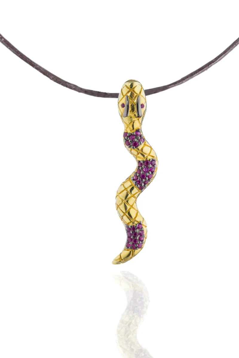 925 Silver Snake Pendant Plated in 18k YG Black Rhodium with Ruby Pave