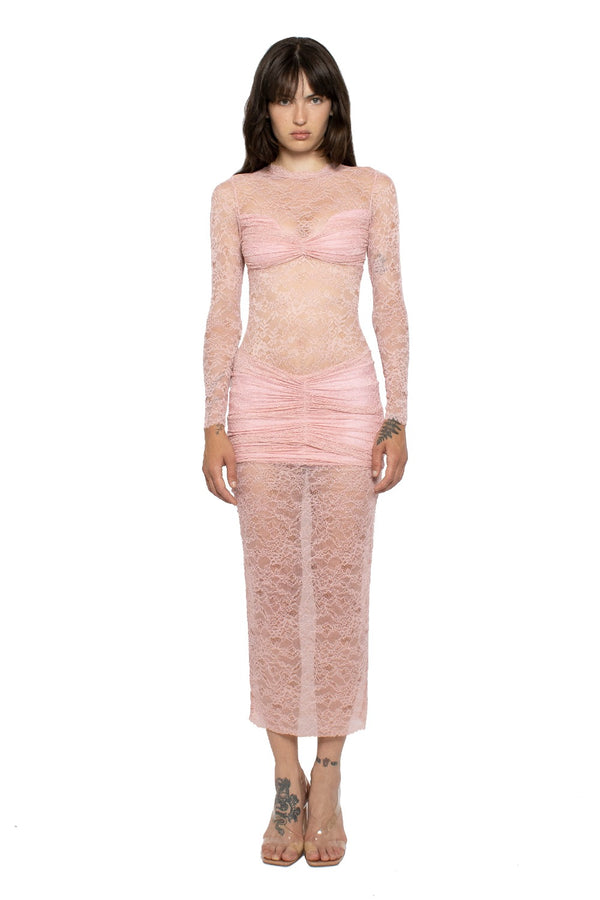 MOTHER OF ALL Ellie Lace Midi Dress Baby Pink CURIO FAENA MIAMI