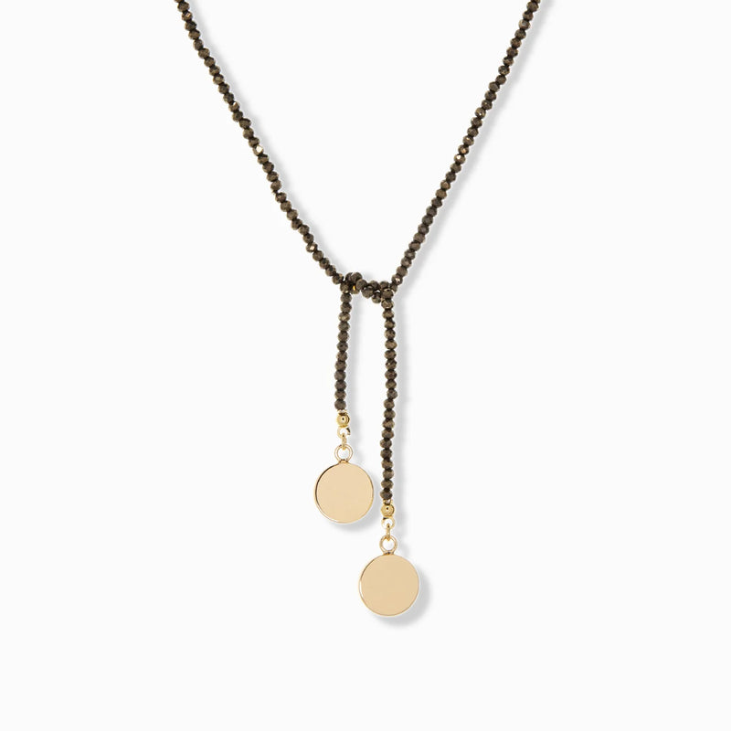 3734N Beaded Lariat with Disc Charms Pyrite