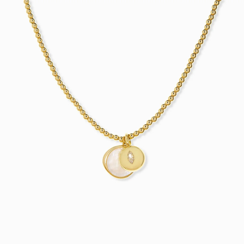 3821N-GOLD Ball Chain Collar Necklace with Mother of Pearl and Marquise Pave Charms