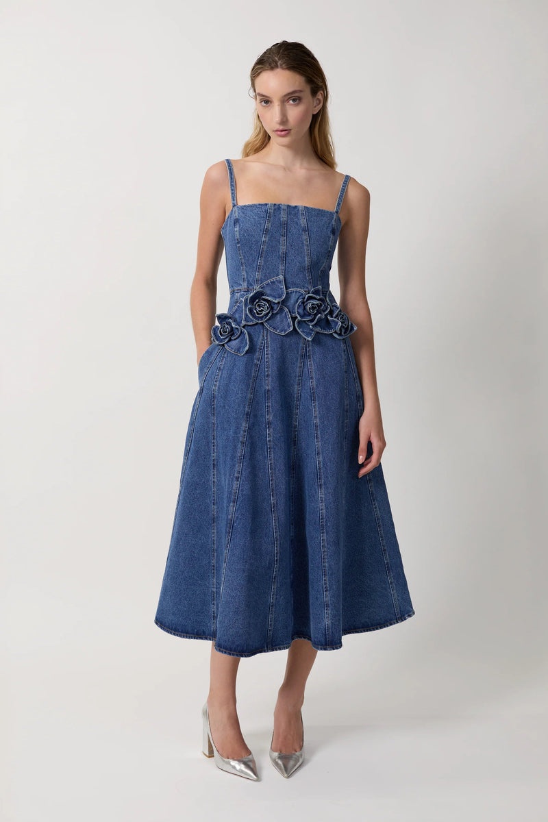 AKNVAS Eryn Denim Midi Dress with 3D Roses | Blue | Size 8
