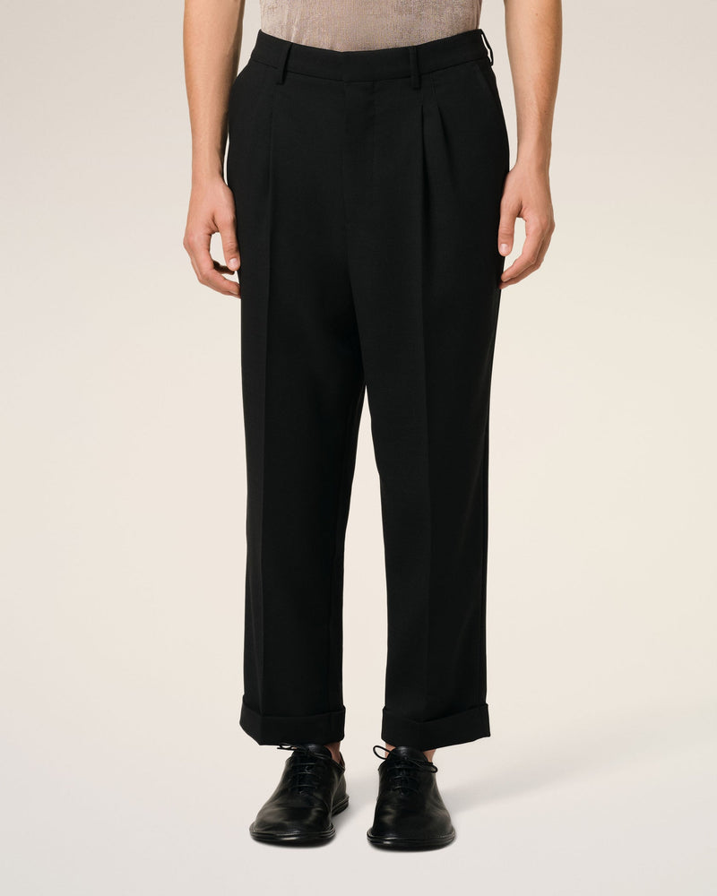 Black Wool Carrot Fit Trousers