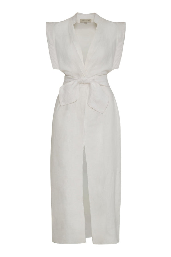 Aguila Tie Detailed Linen Midi Dress Off White