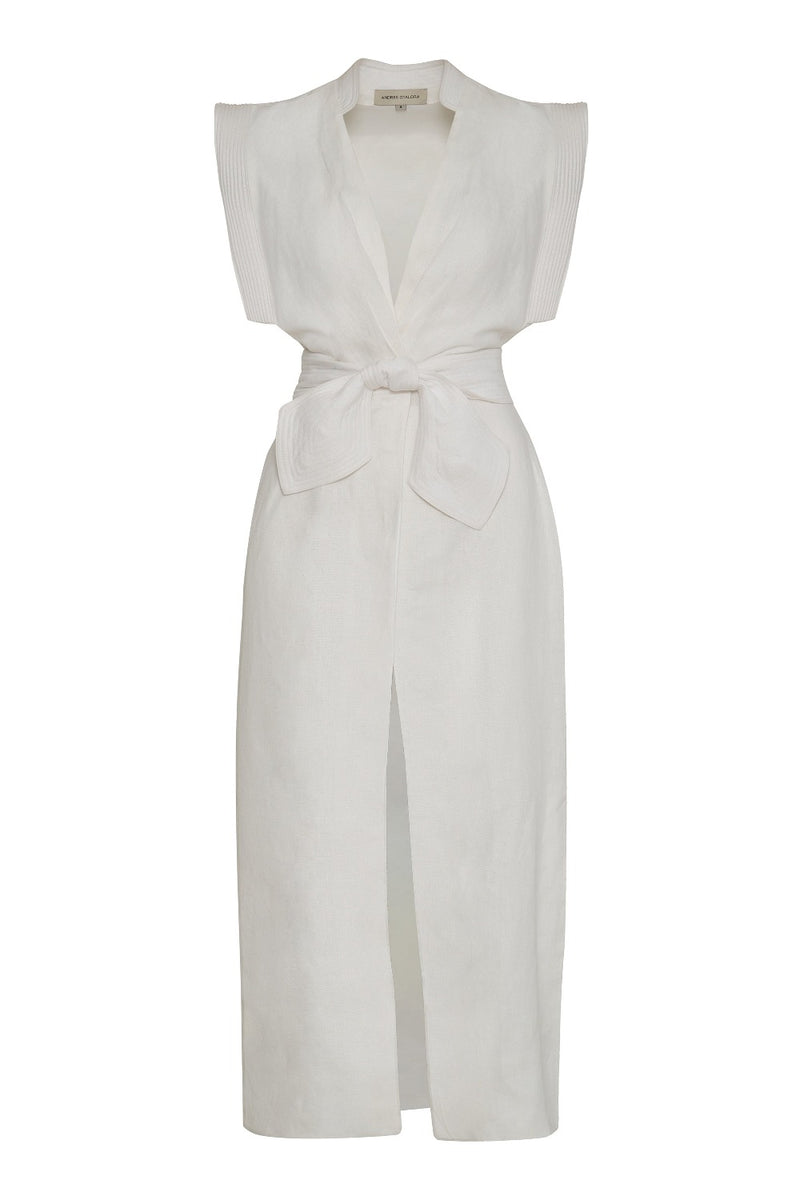 Aguila Tie Detailed Linen Midi Dress Off White