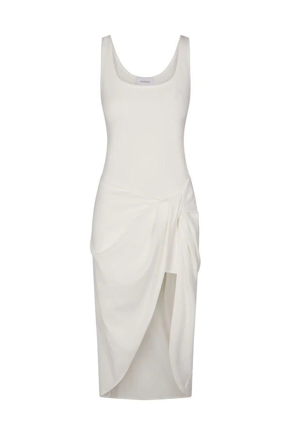 The Selene Drop Waist Drape Midi Dress White