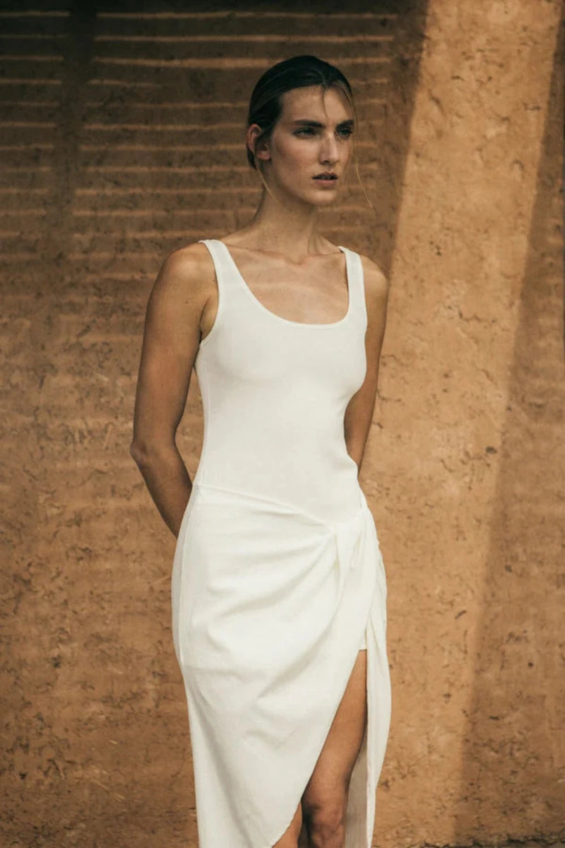 The Selene Drop Waist Drape Midi Dress White