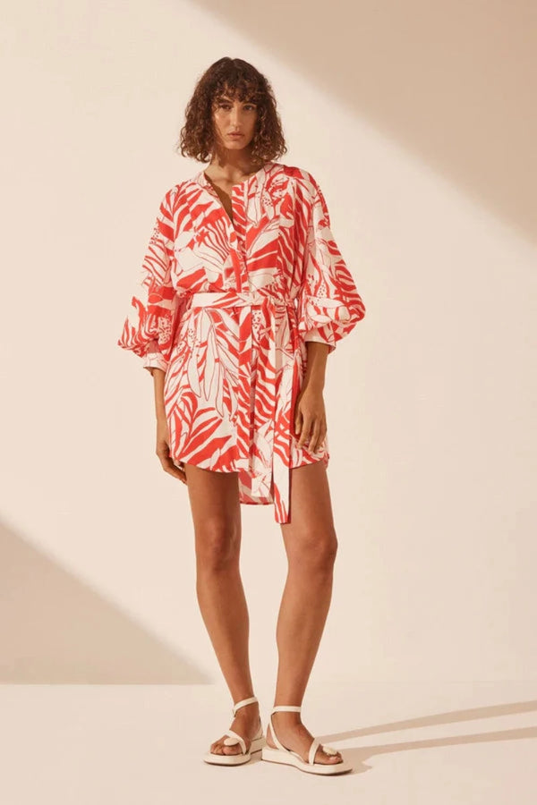 Airelles Linen Balloon Sleeve Mini Shirt Dress