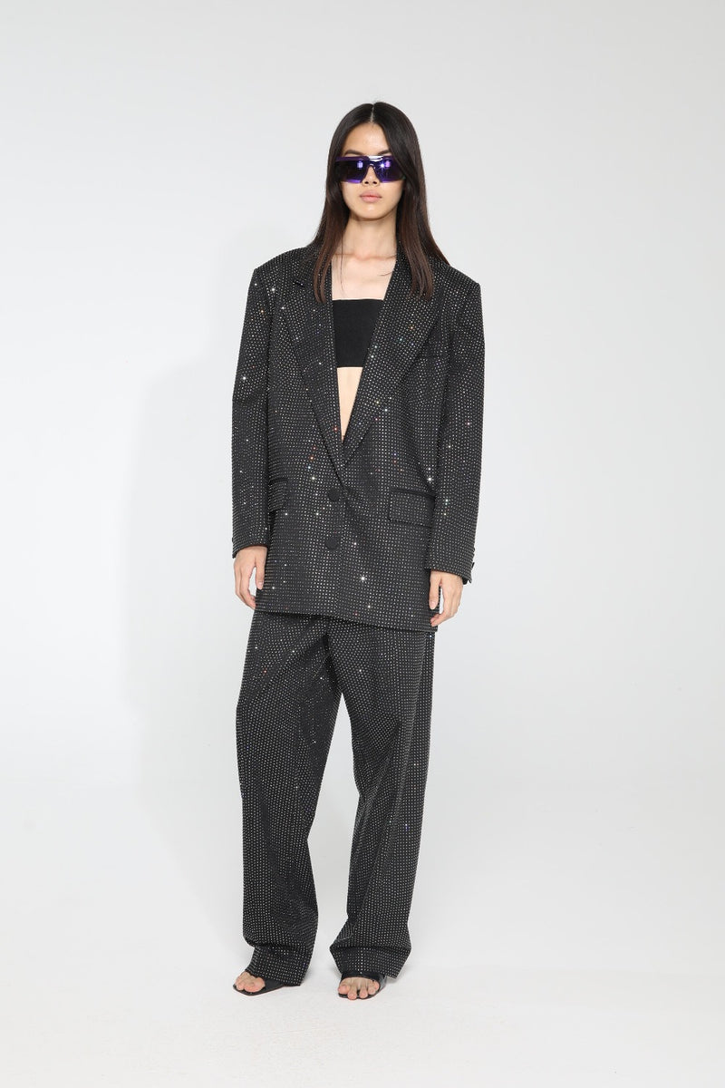 Allover Rhinestone Oversized Blazer Black