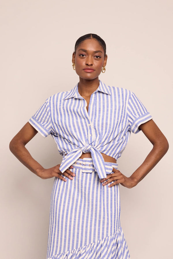 Asbury Top Ivory-Blue Striped Seersucker