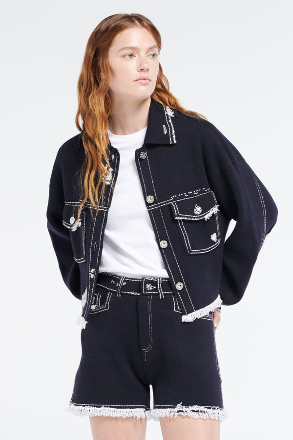 Denim Fringed Cashmere and Cotton Jacket
