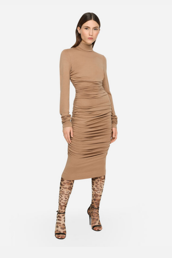 High Neck Jersey Wool Calf Length Dress