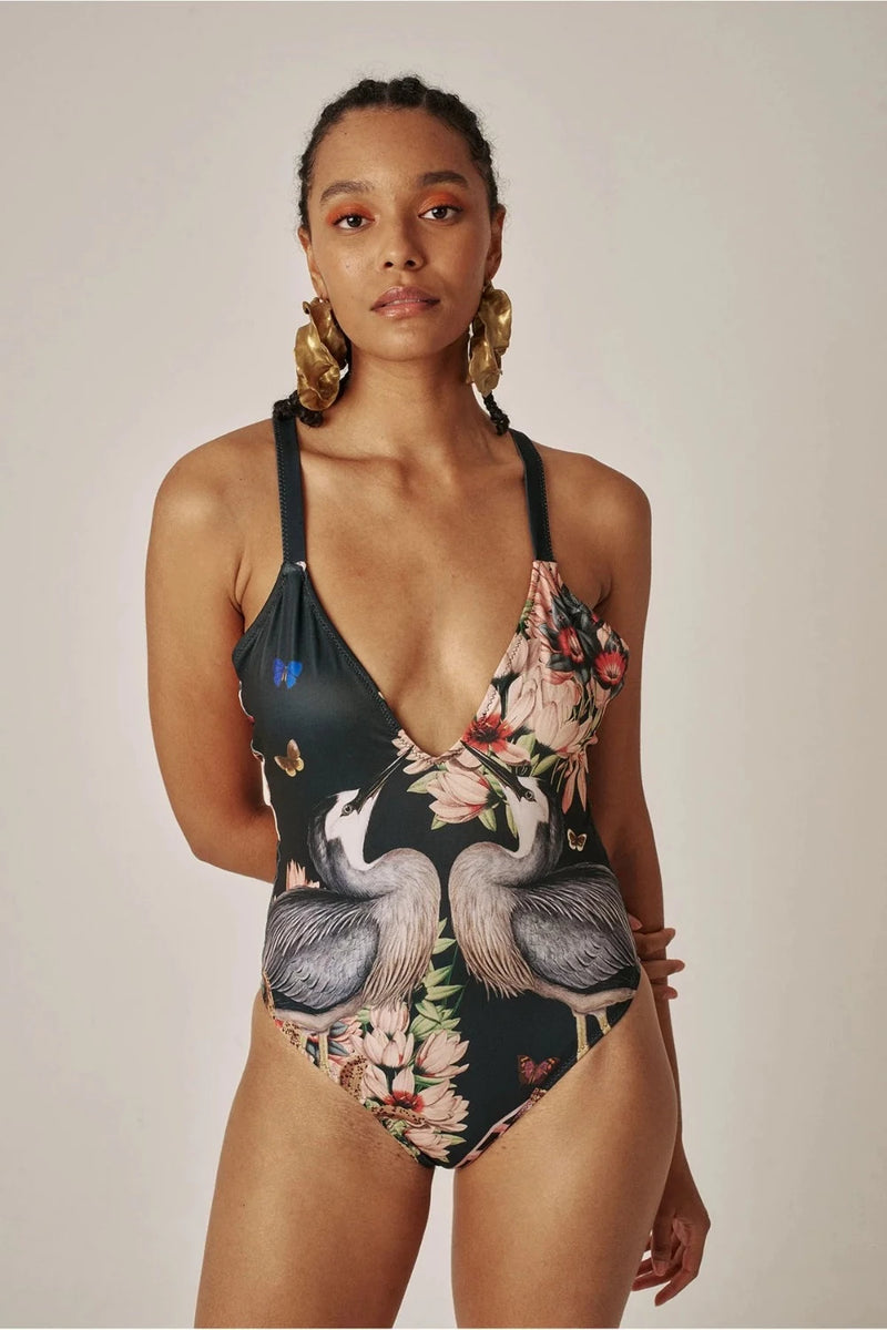 deep v one piece swimsuit carolina sustainable ecocean exotic birds