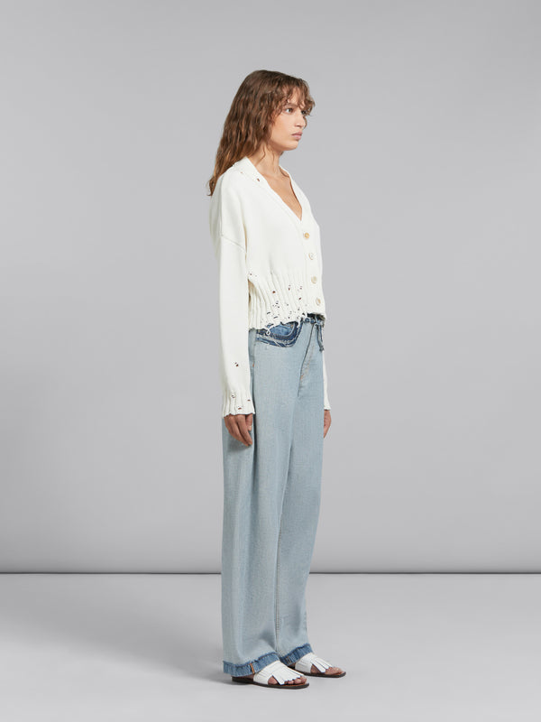 White Disheveled Cotton Cropped Cardigan
