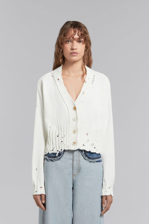 White Disheveled Cotton Cropped Cardigan