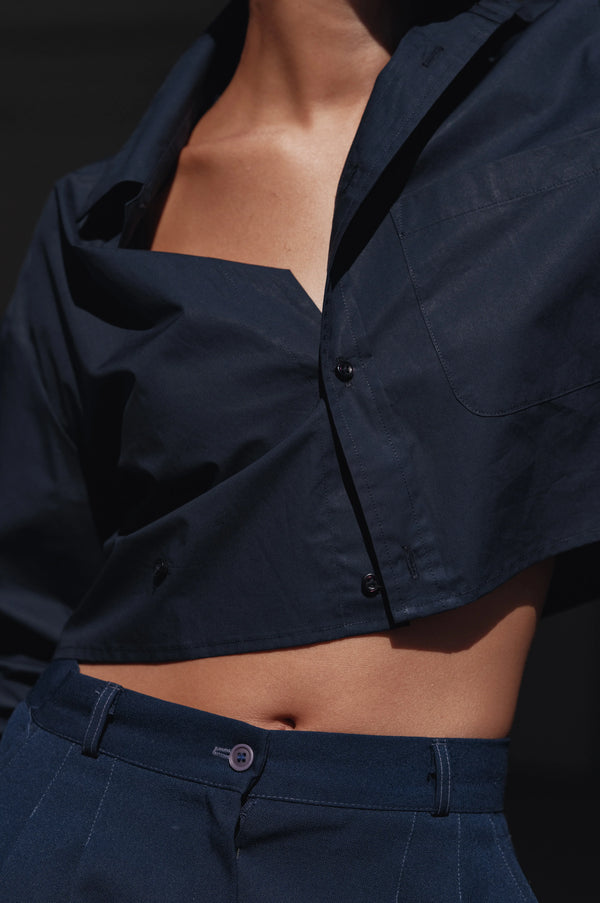 The Shorty Shirt Paper Cotton Solids Navy Blue