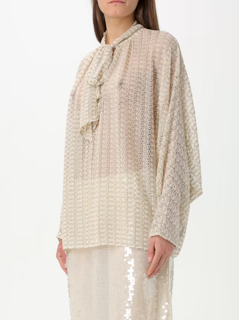Lamé Viscose Lace Blouse With Sash Collar