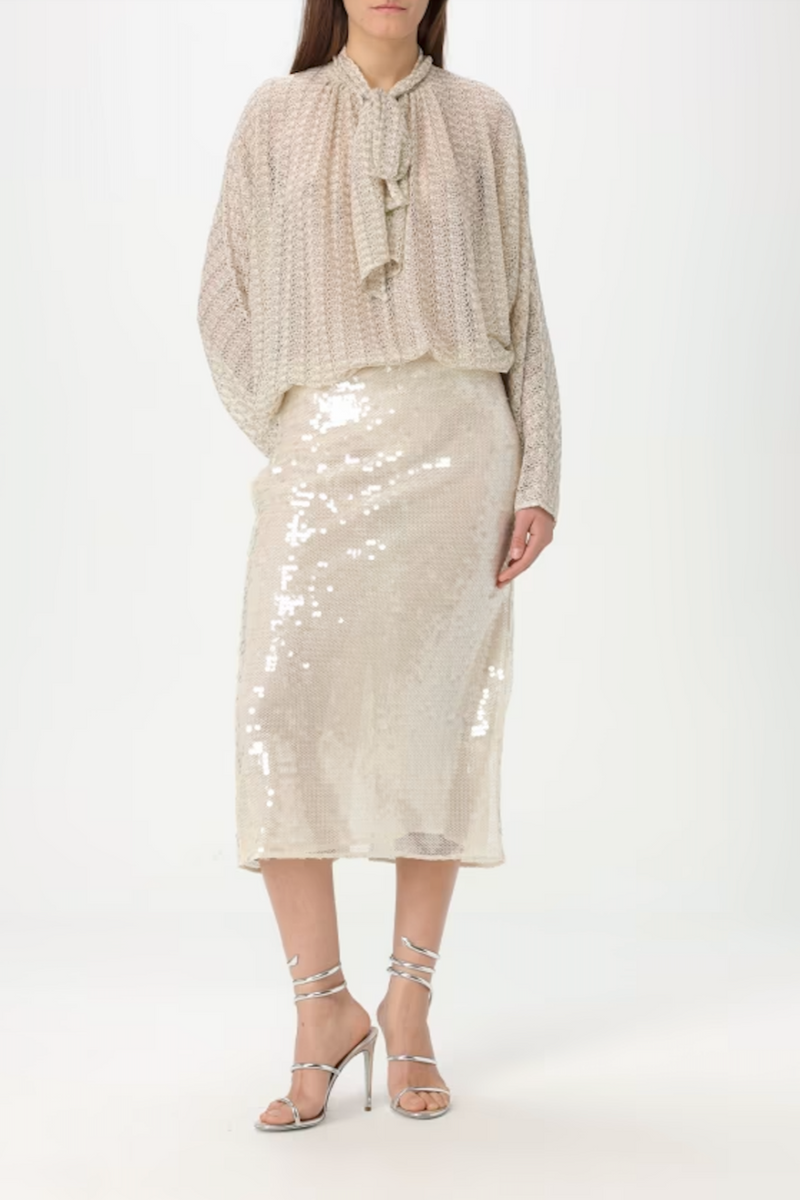 Lamé Viscose Lace Blouse With Sash Collar