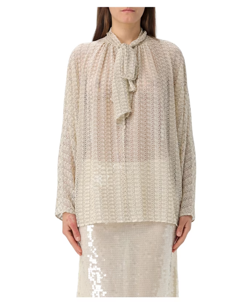 Lamé Viscose Lace Blouse With Sash Collar