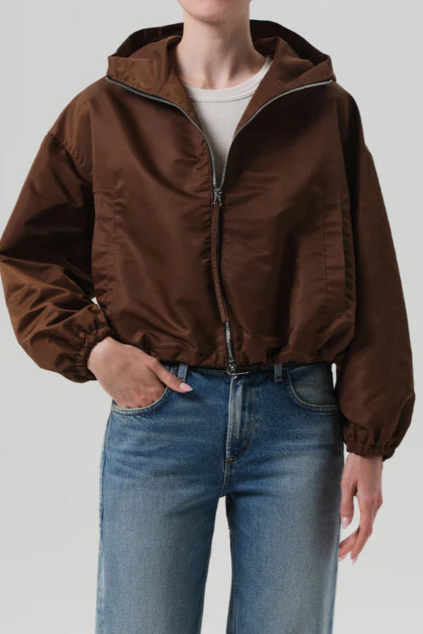 Cropped Nylon Windbreaker in Brown