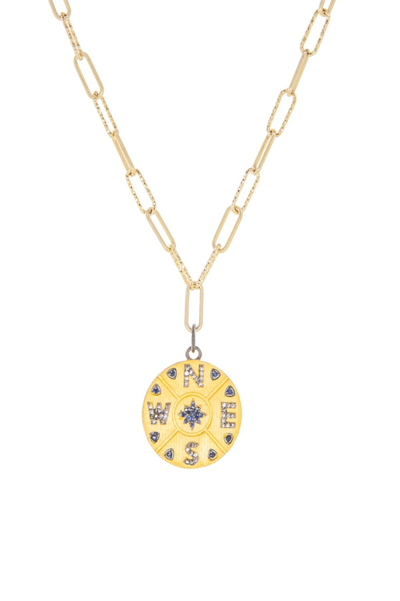 Gold Plated Link Necklace with Diamond Compass Coin Charm