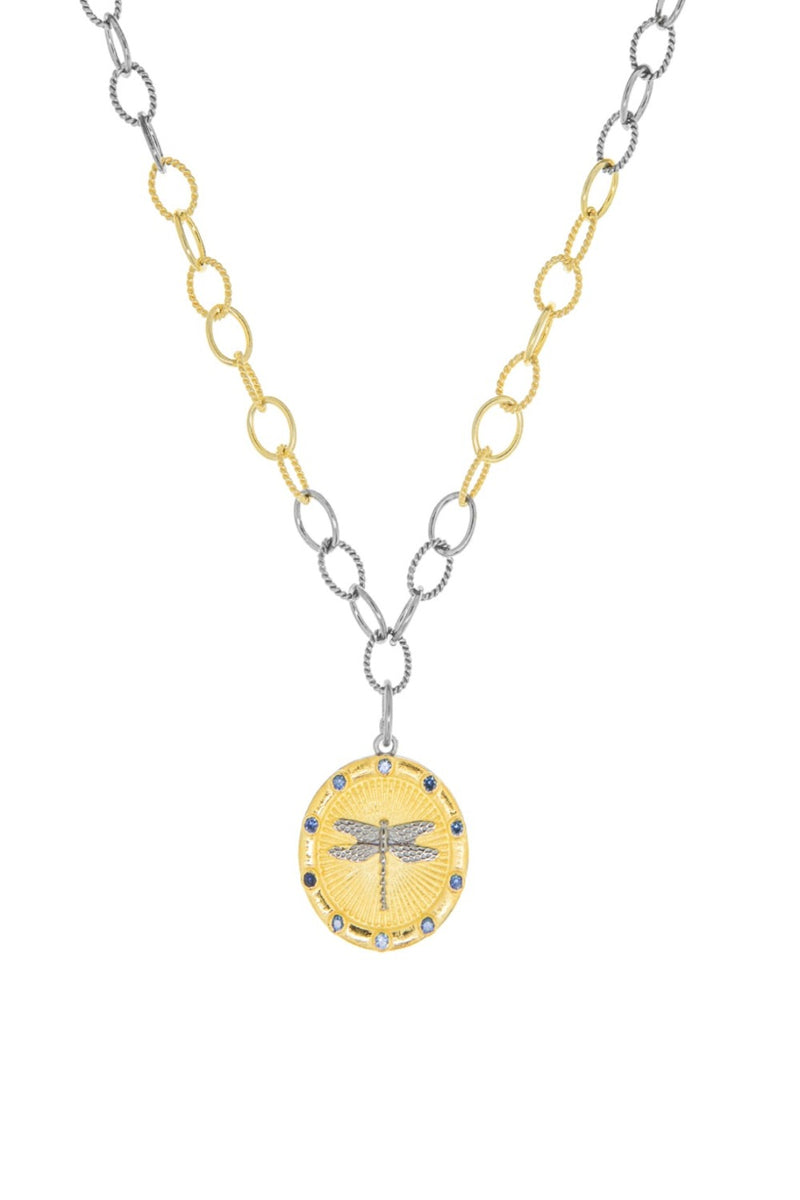 Gold Plated-Oxidized Chain Necklace Diamond Dragonfly Coin Charm