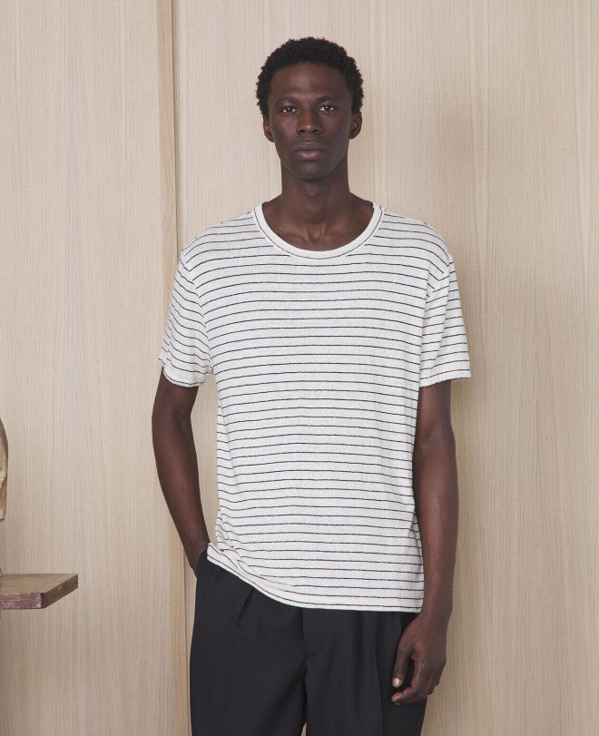 Ecru-Black French Linen Striped Tee