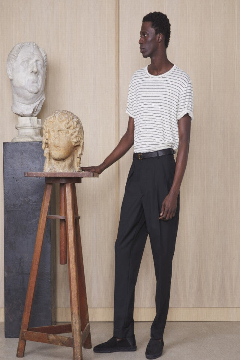 Ecru-Black French Linen Striped Tee