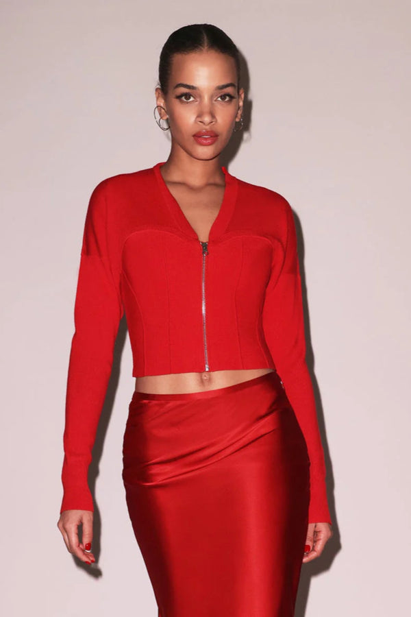 Knit Zip Bustier Cardigan Rouge