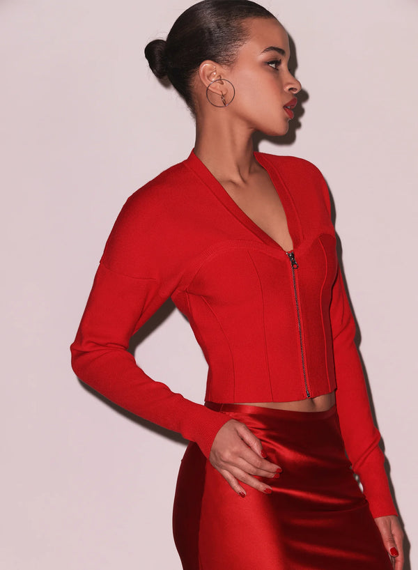 Knit Zip Bustier Cardigan Rouge