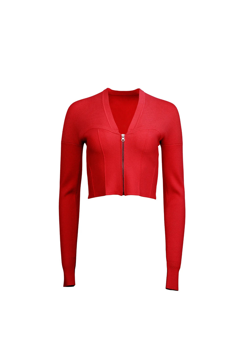Knit Zip Bustier Cardigan Rouge
