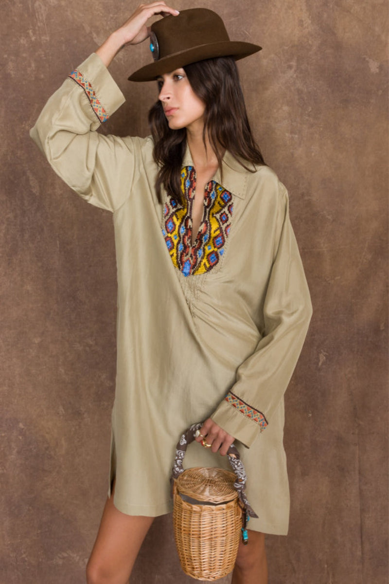 Woven Embroidered Midi Dress (Final Sale) 42 / Khaki Woven Embroidered Midi Dress (Final Sale) 42 / Khaki