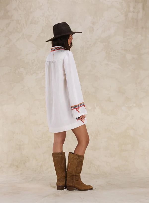 Embroidered Short Dress Off White