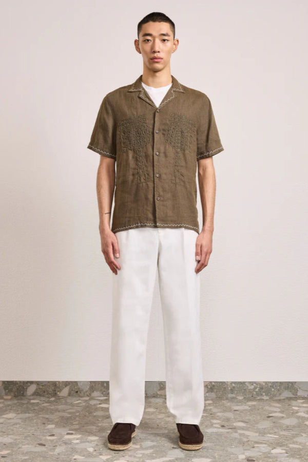 Flavio Embroidered Linen Shirt Dark Olive