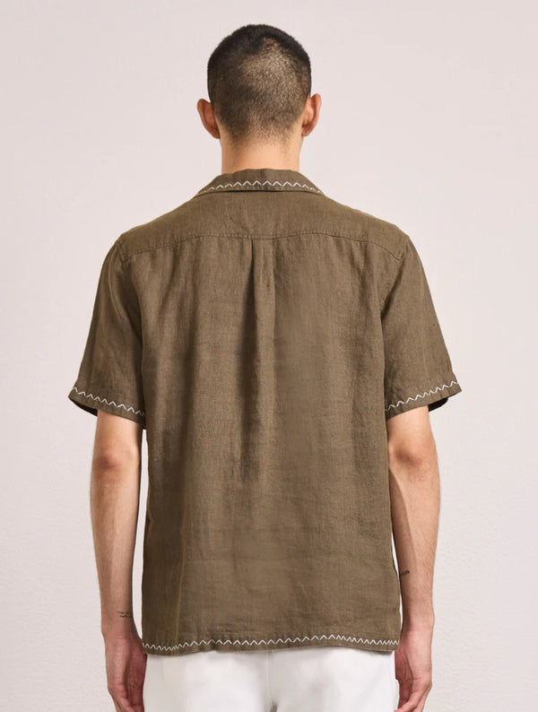 Flavio Embroidered Linen Shirt Dark Olive