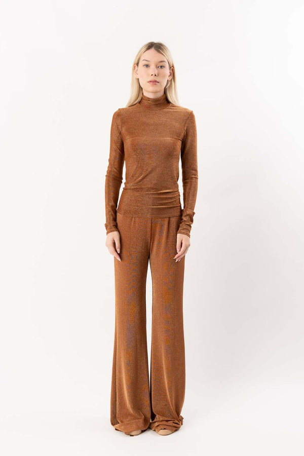 Lurex Jersey Turtleneck T-Shirt Bronze