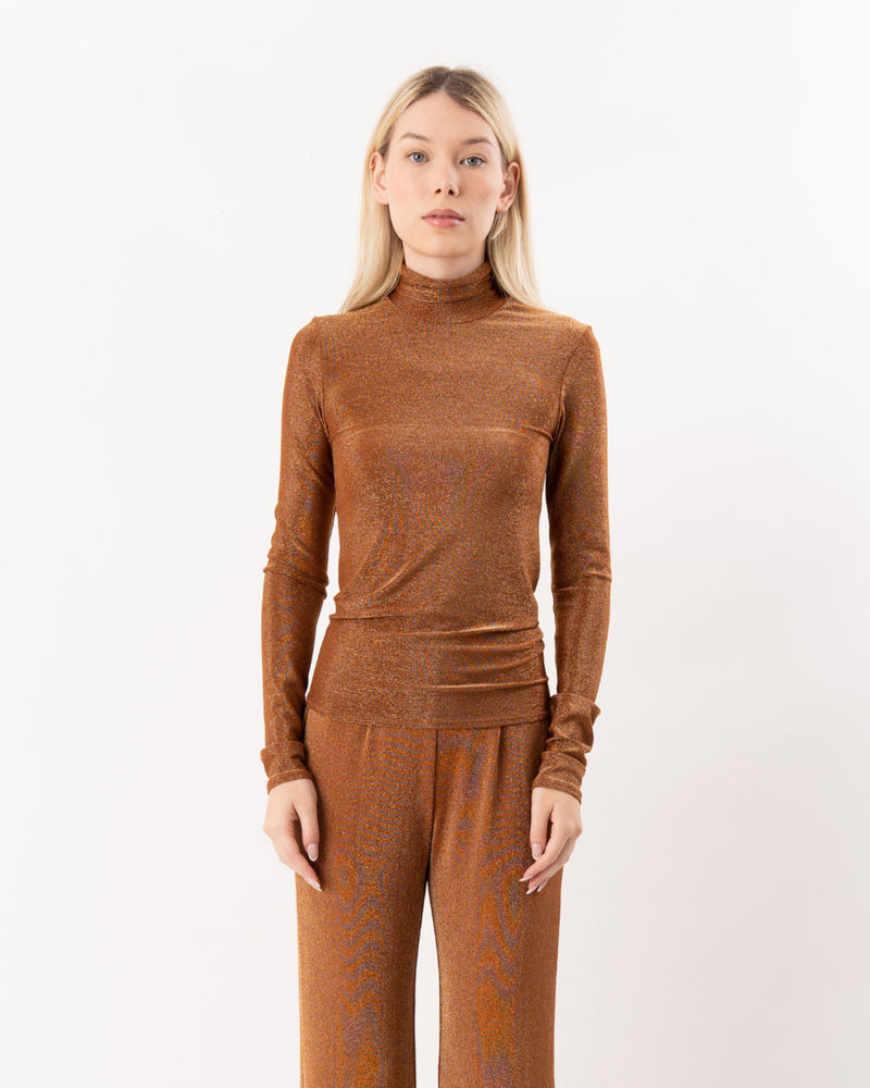 Lurex Jersey Turtleneck T-Shirt Bronze