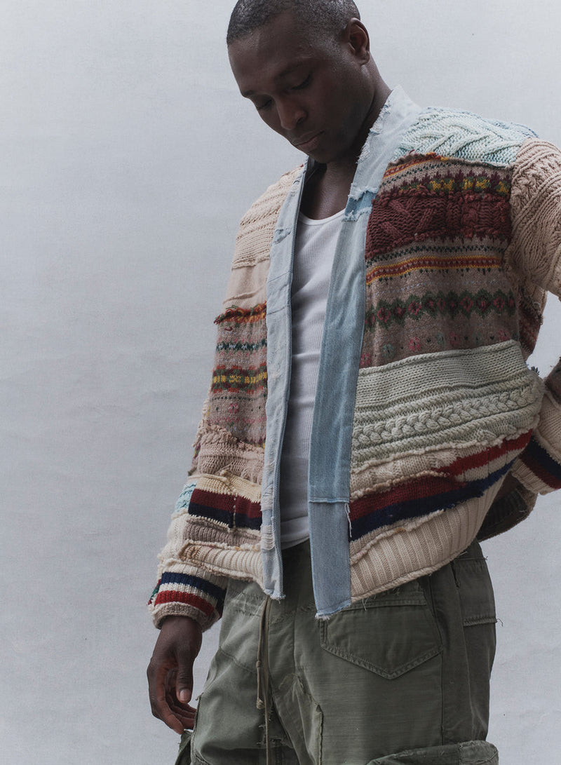 Mixed Sweater Fairisle Stitch Work Cropped Jacket
