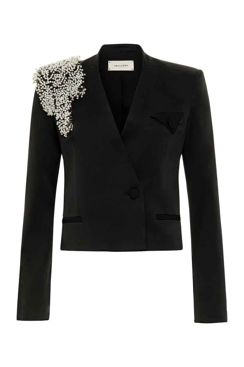 Carlito Spencer Jacket in Stretch Black Satin with Beaded Embroidery