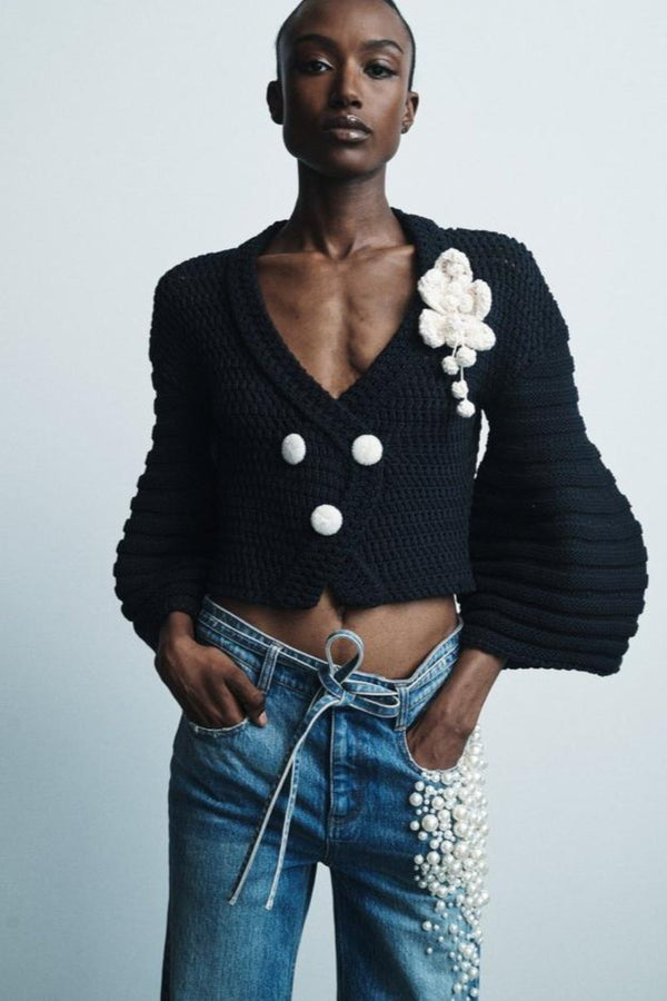 Silo Crochet Knit Cardigan with Flower Brooch