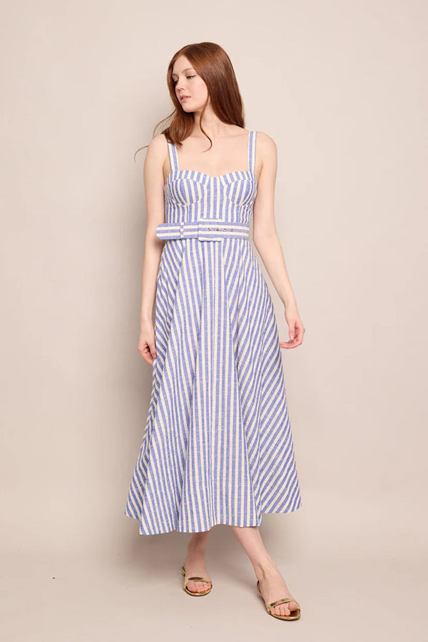 Calypso Dress Ivory-Blue Striped Seersucker