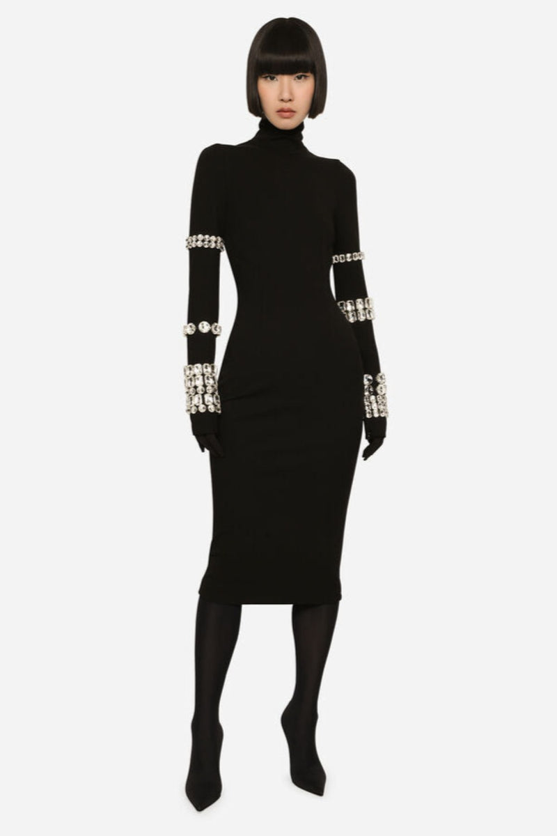 KIM DOLCE&GABBANA Calf-length dress in jersey Milano rib with rhinestones
