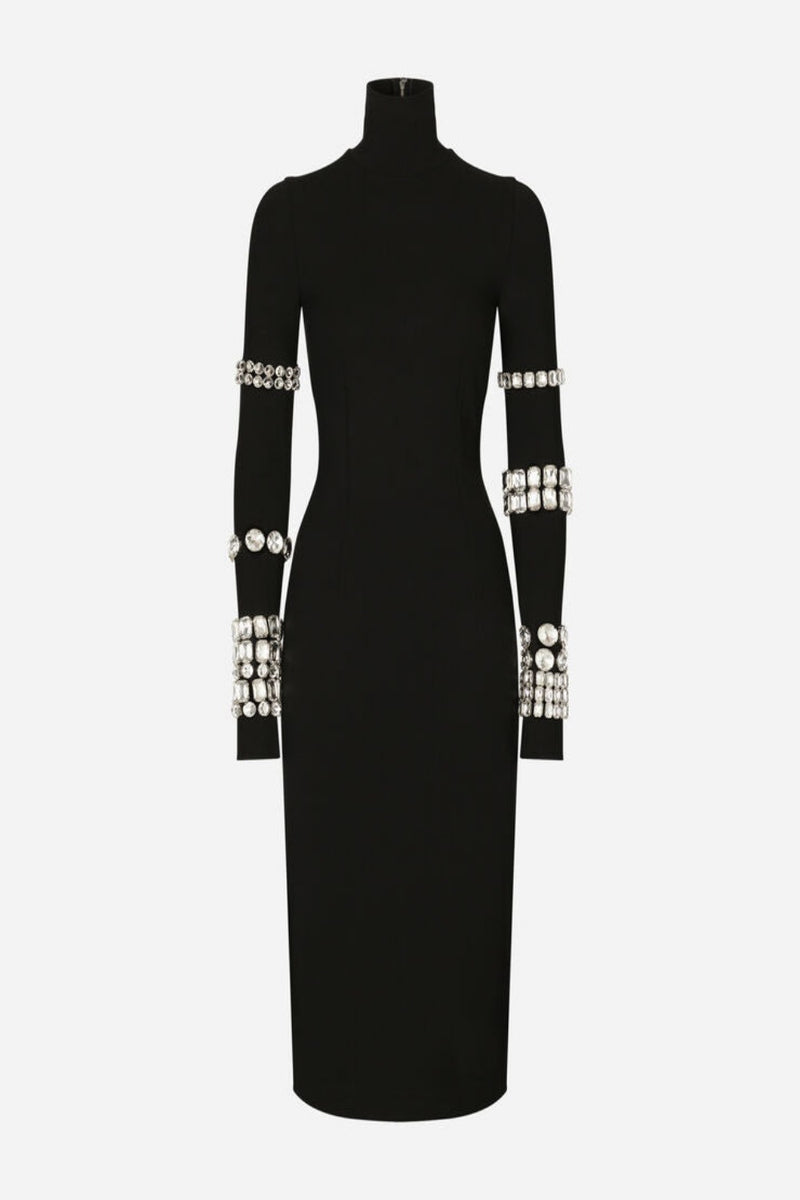KIM DOLCE&GABBANA Calf-length dress in jersey Milano rib with rhinestones DOLCE & GABBANA WOMEN'S MIDI DRESSES CURIO FAENA MIAMI
