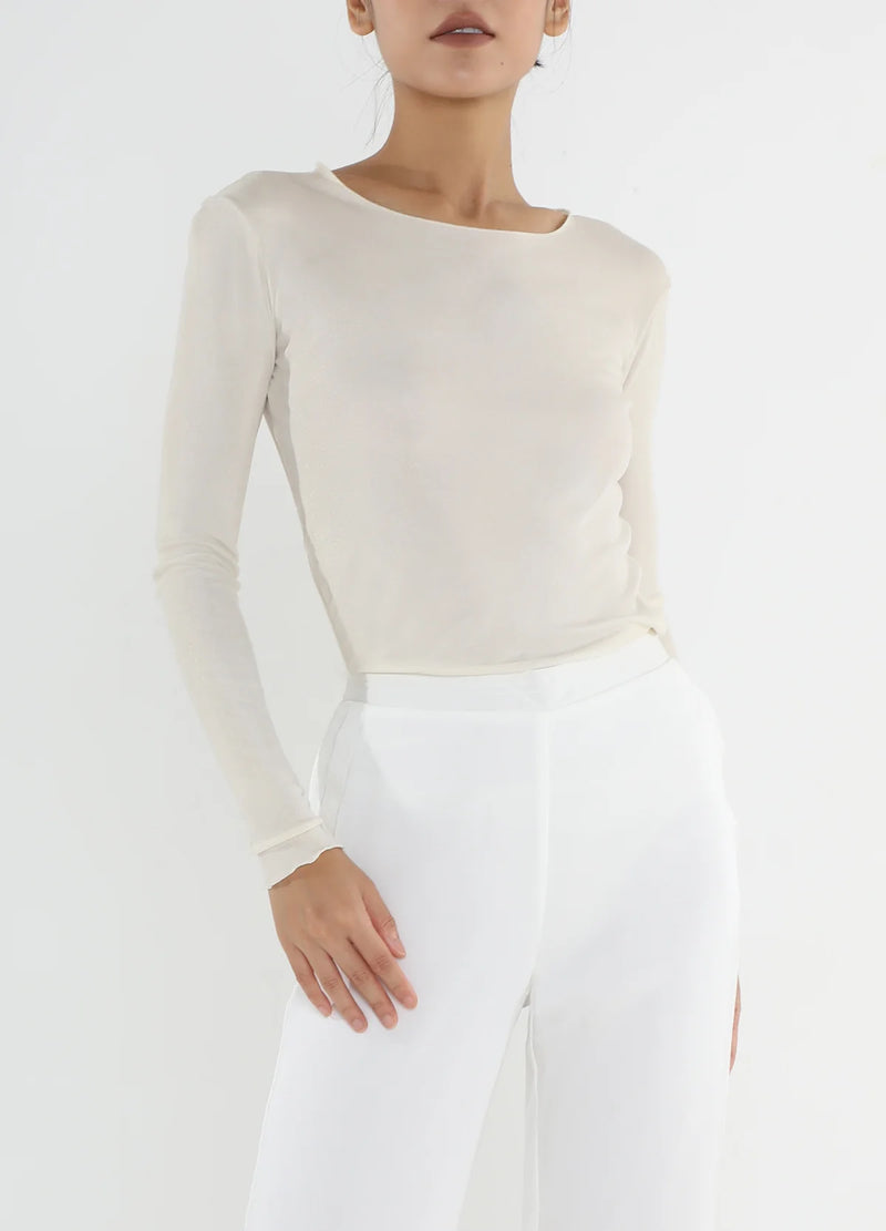 Knit Silk Roundneck L/S T shirt White