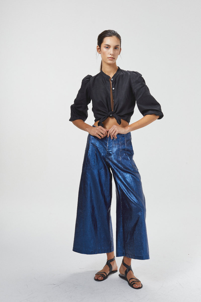Culotte Metallic Linen Pant Dark Blue