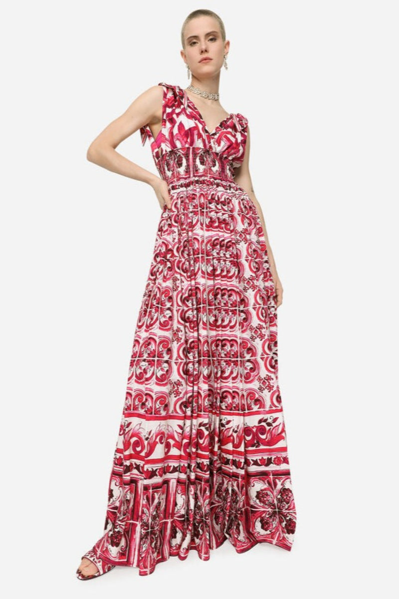 Long Majolica-Print Poplin Dress