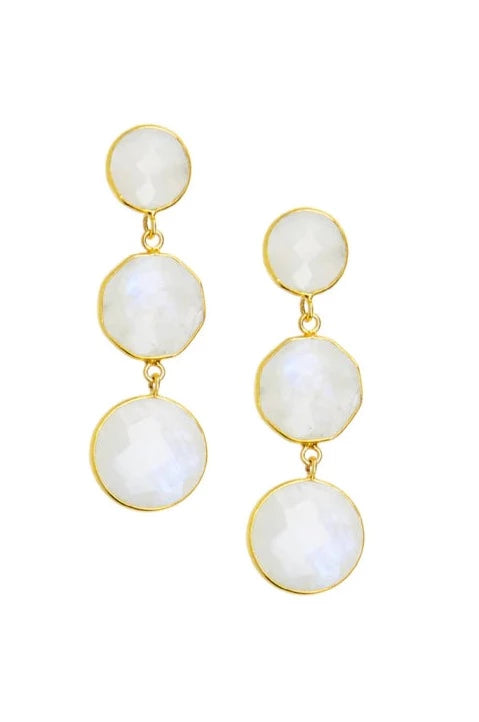 Gold Plated 3 Round Natural Stone Drop Post Earring Gold Moonstone