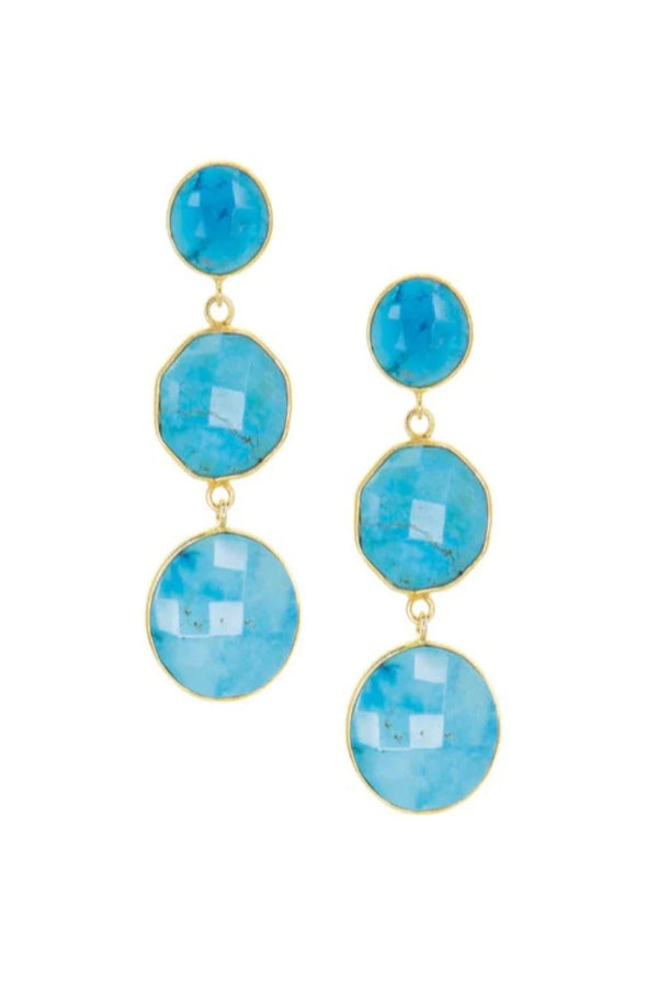 Gold Plated 3 Round Natural Stone Drop Post Earring Gold Turquoise