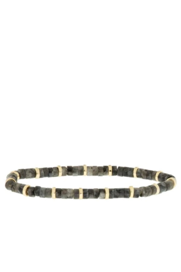 Natural Stone Disc Stretch Bracelet Gold-Labradorite