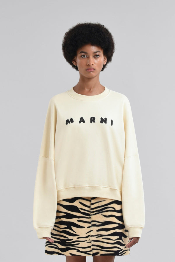 Ivory Cotton Crewneck T-Shirt with Printed Marni Logo